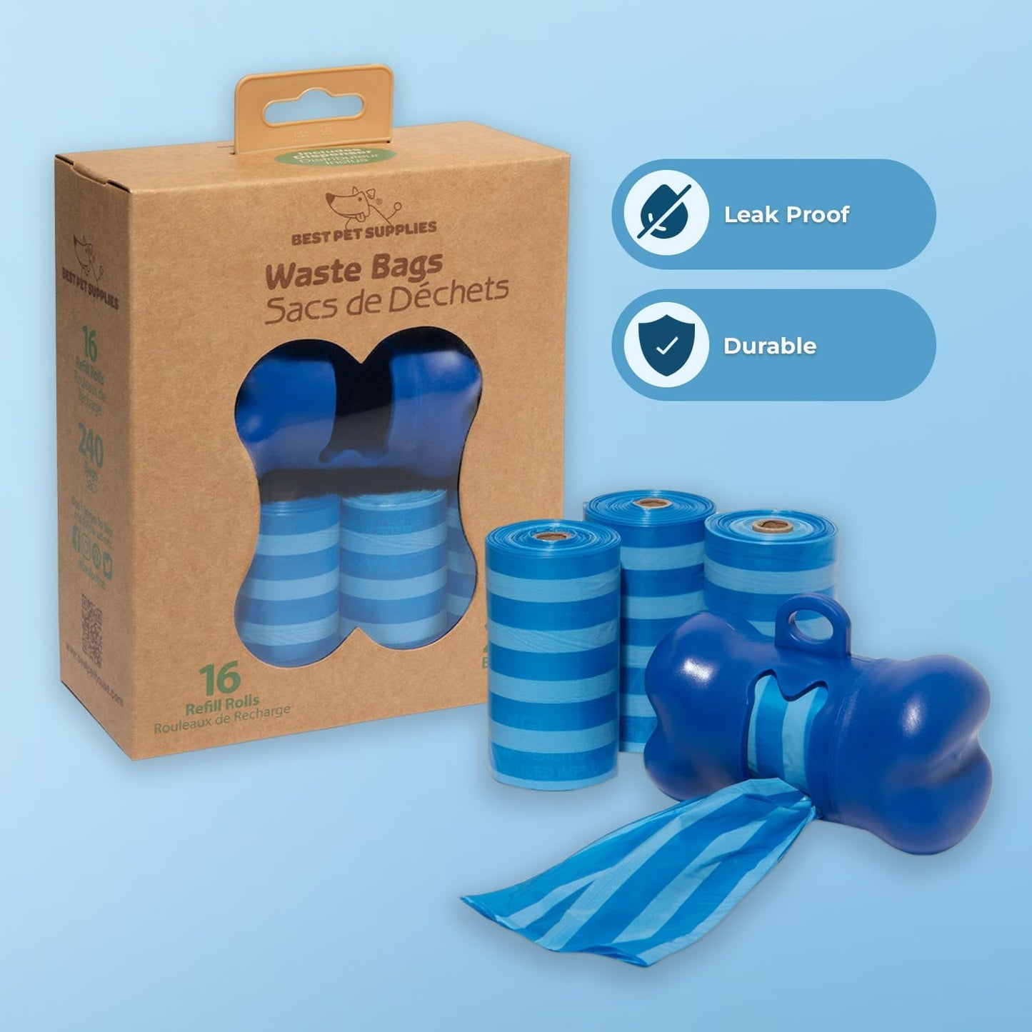 Dog Poop Bags (240 Count) – Leak-Proof, Tear-Resistant Waste Bags for Outdoor Walks & Travel – Heavy-Duty, Thick Plastic with Blue Stripes – Convenient Roll Replacements for Puppies & Dogs/ Real Petential