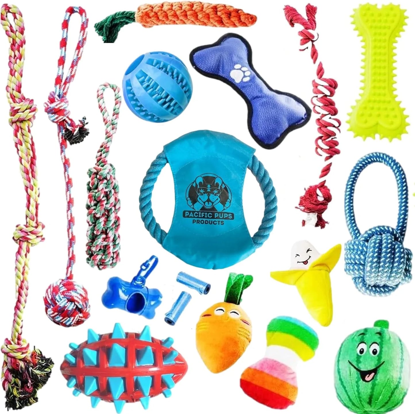 Pacific Pups 18-Pack Dog Chew Toys – Puppy Rope & Plush Toys for Teething & Play – Durable Chew Toys for Dogs of All Sizes – Interactive Dog Toys Set/ Real Petential