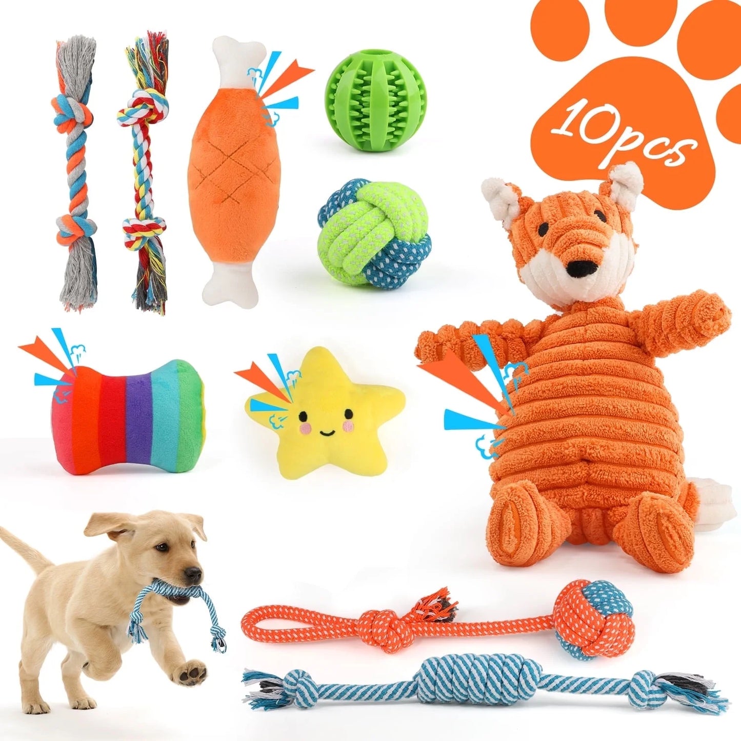 10-Pack Dog Toys for Small Dogs – Puppy Chew Toys for Teething & Training – Plush Squeaky Toys, Treat Ball & Rope Toys for Mental Stimulation & Play/ Real Petential