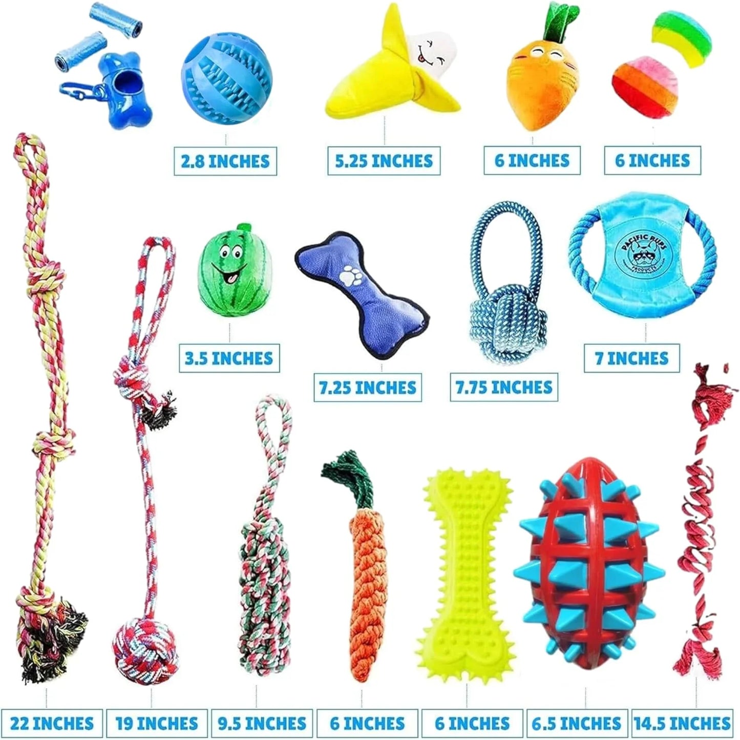Pacific Pups 18-Pack Dog Chew Toys – Puppy Rope & Plush Toys for Teething & Play – Durable Chew Toys for Dogs of All Sizes – Interactive Dog Toys Set/ Real Petential